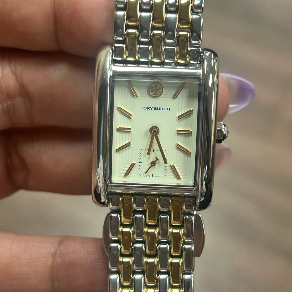 Tory Burch Two-Tone Gold and Silver Rectangular Bracelet Watch